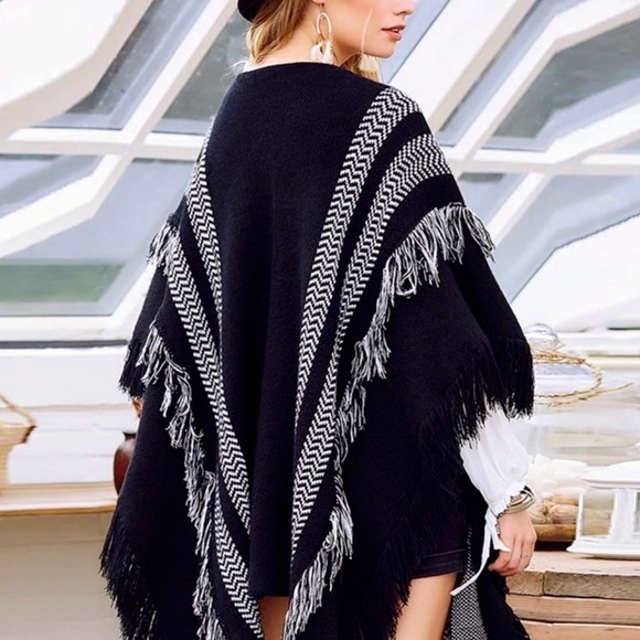 Boho Open Knit Fringe Cape - Picture 3 of 7